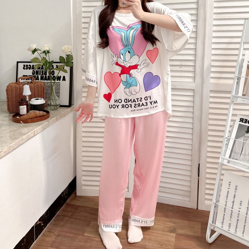 Three-piece pajamas women's ice silk  summer thin section high-quality large-size loose silk can be worn outside home clothes