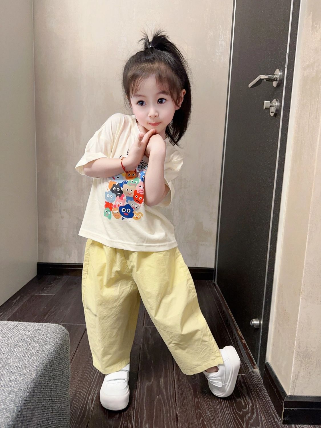 Pure cotton girls' suit 2023 summer new Korean style pants short-sleeved printed top foreign style children's two-piece suit trendy