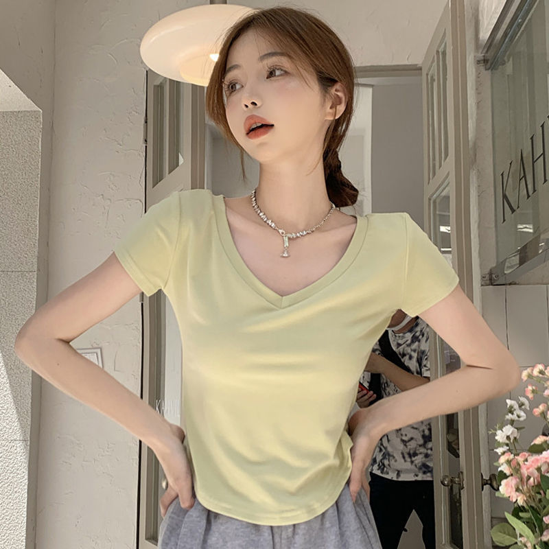 Irregular v-neck short-sleeved T-shirt women's summer thin design sense niche slim fit hot girl short top ins