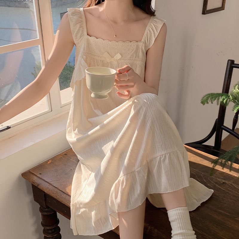New cotton sling nightdress female summer mid-length ins vest sweet home service princess wind pajama dress