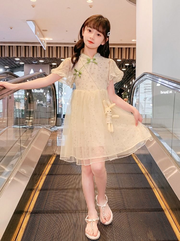 女童連衣裙夏裝2023新款洋氣旗袍裙子兒童女孩夏季時髦網紗公主裙