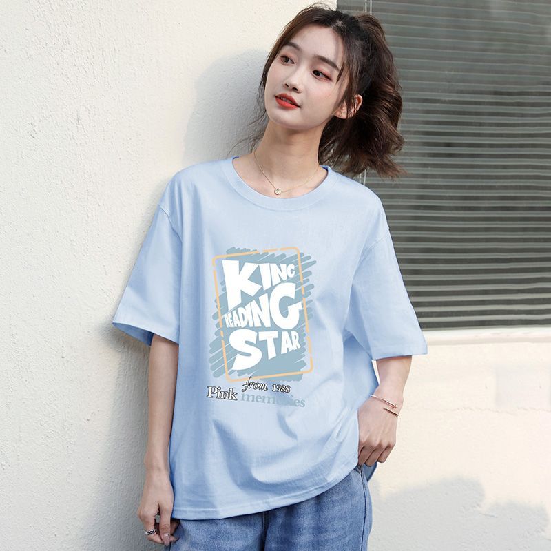 Blue t-shirt women's pure cotton loose all-match Korean version of the short-sleeved top slimming minority 2023 new half-sleeved T-shirt