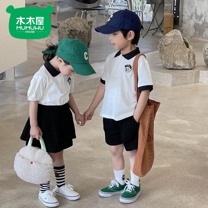 兒童夏裝套裝2023新款韓版夏季男女童學院風兩件套炸街姐弟兄妹裝