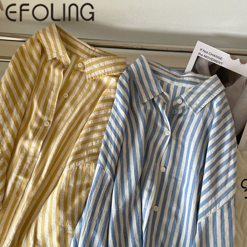 EFOLONG夏季條紋襯衫女純棉透氣百搭顯瘦防曬上衣復古港風襯衣潮