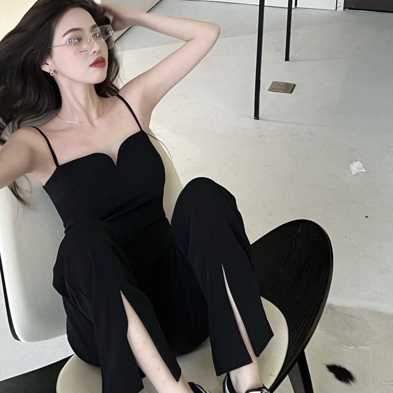 Small high-end temperament suspender jumpsuit women's summer high-waist straight slit jumpsuit Hepburn style pants