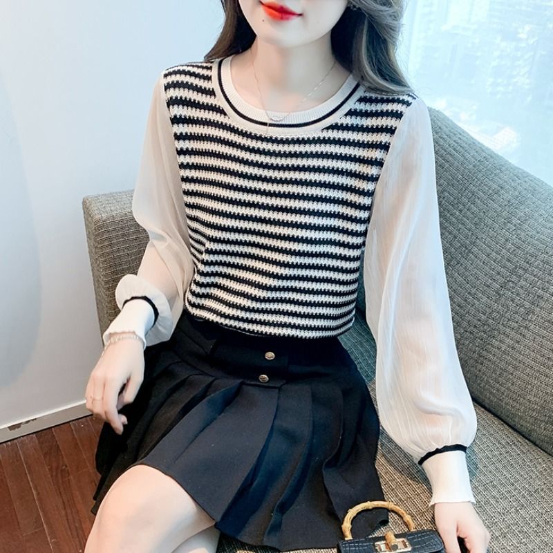 Spring and autumn new striped knitted bottoming shirt women's niche design fashion age-reducing chiffon stitching long-sleeved top