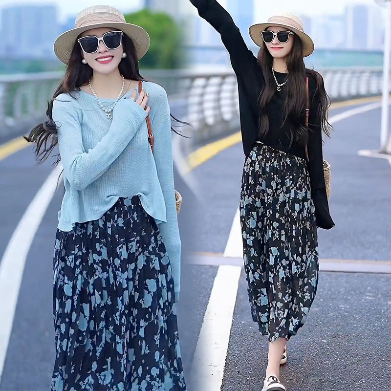 藍海奕諾薄款開叉冰絲T恤碎花半身裙套裝女2023春夏顯瘦兩件套裙