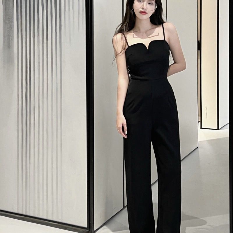 Small high-end temperament suspender jumpsuit women's summer high-waist straight slit jumpsuit Hepburn style pants