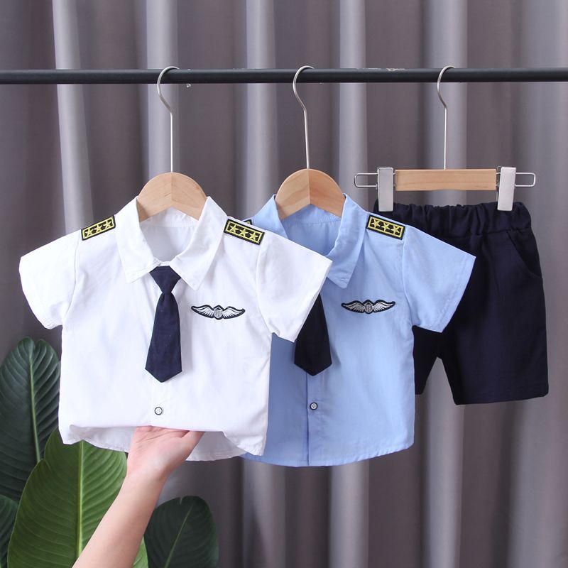 童装男童夏季套装中小儿童夏装短袖衬衫两件套洋气宝宝海军制服潮
