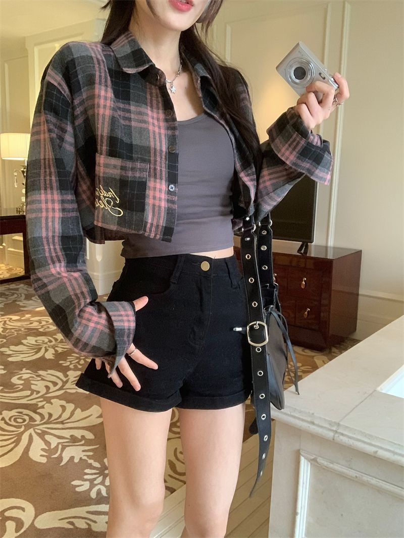 Plaid POLO collar long-sleeved shirt short jacket sweet cool suit female summer hot girl camisole two-piece set