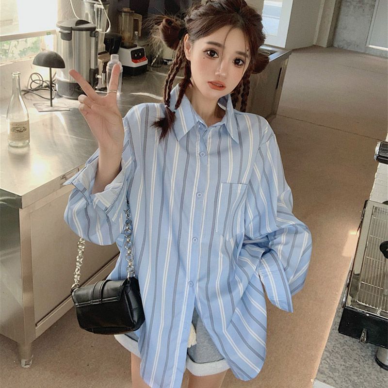 SLOY條紋襯衫外套女夏韓系獨特别致薄款開衫外搭寬鬆長袖防曬上衣