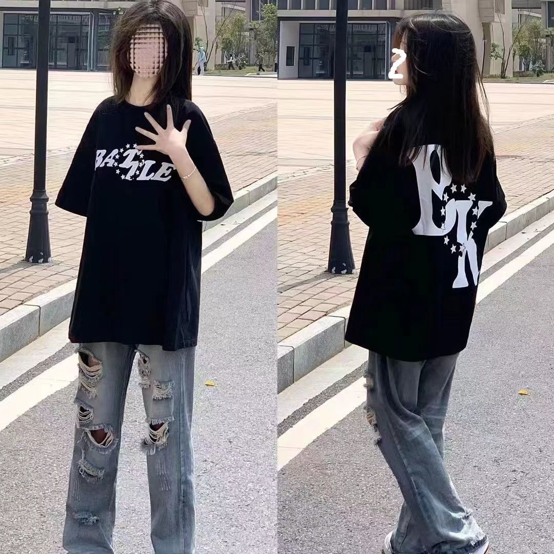 100%純棉原宿bf風高街字母印花丅恤短袖女學生寬鬆顯瘦ins上衣潮