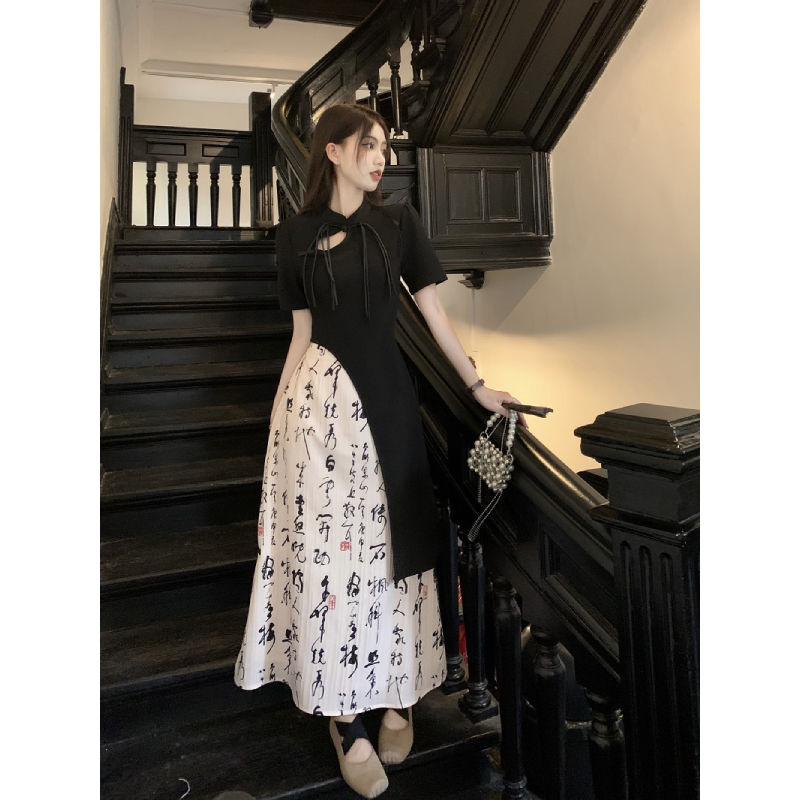 新中式不規則短袖T恤設計感國風半身長裙女夏季2023新款時尚套裝
