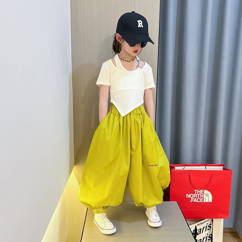 女童假兩件掛脖t恤夏季兒童時髦洋氣上衣中大童設計感短袖套裝潮t
