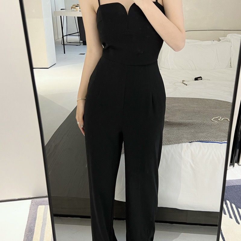 Small high-end temperament suspender jumpsuit women's summer high-waist straight slit jumpsuit Hepburn style pants