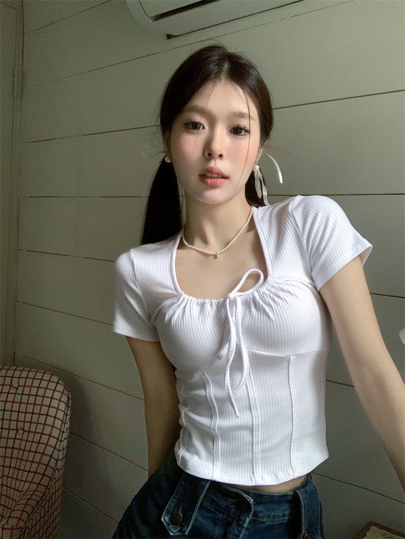 方口领系带鱼骨T恤女夏季新款纯欲设计感短款修身白色短袖上衣ins