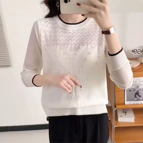 Lace long-sleeved chiffon shirt women 2023 spring and summer thin section loose belly-covering small shirt hollow knitting beaded T-shirt