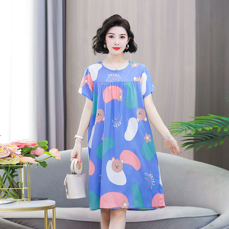 Cotton silk nightdress women's summer loose large size mid-length short-sleeved dress artificial cotton middle-aged mother home pajamas dress