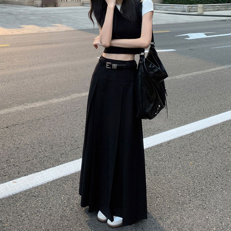 【翰代维】黑色半身裙春夏新款显瘦百褶裙设计感a字西装长裙