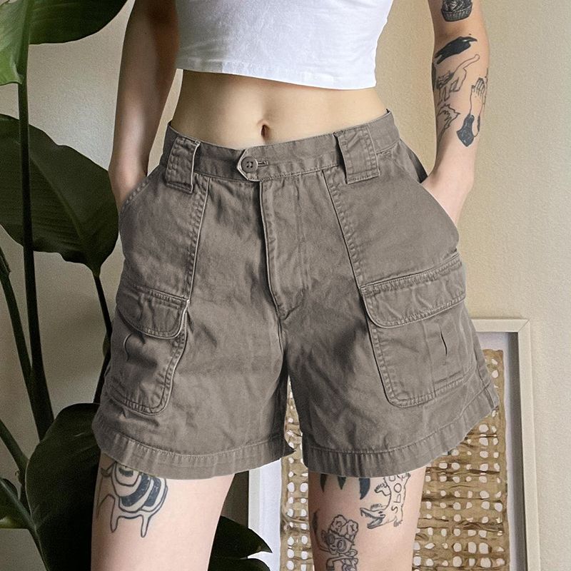 American retro washed pocket tooling shorts women's bf straight mid-rise casual jeans loose pants trendy ins