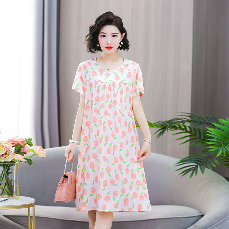 Cotton silk nightdress women's summer loose large size mid-length short-sleeved dress artificial cotton middle-aged mother home pajamas dress