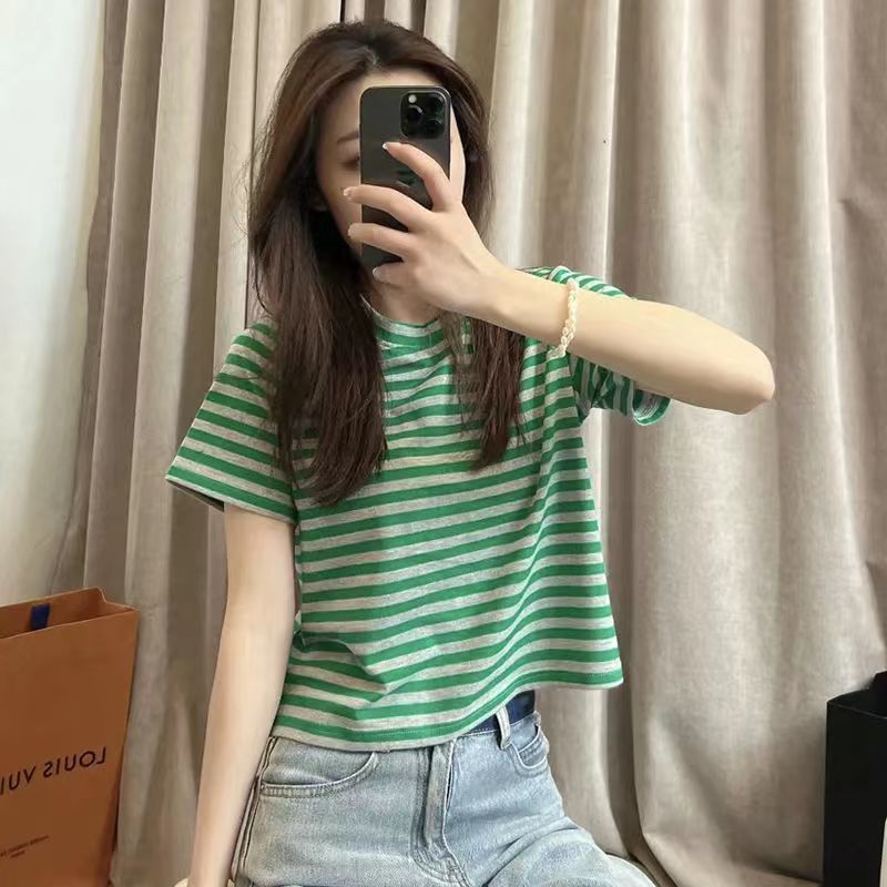 Contrasting color striped short-sleeved t-shirt women's summer clothing design feeling niche slim slim short shoulder t-shirt top clothes