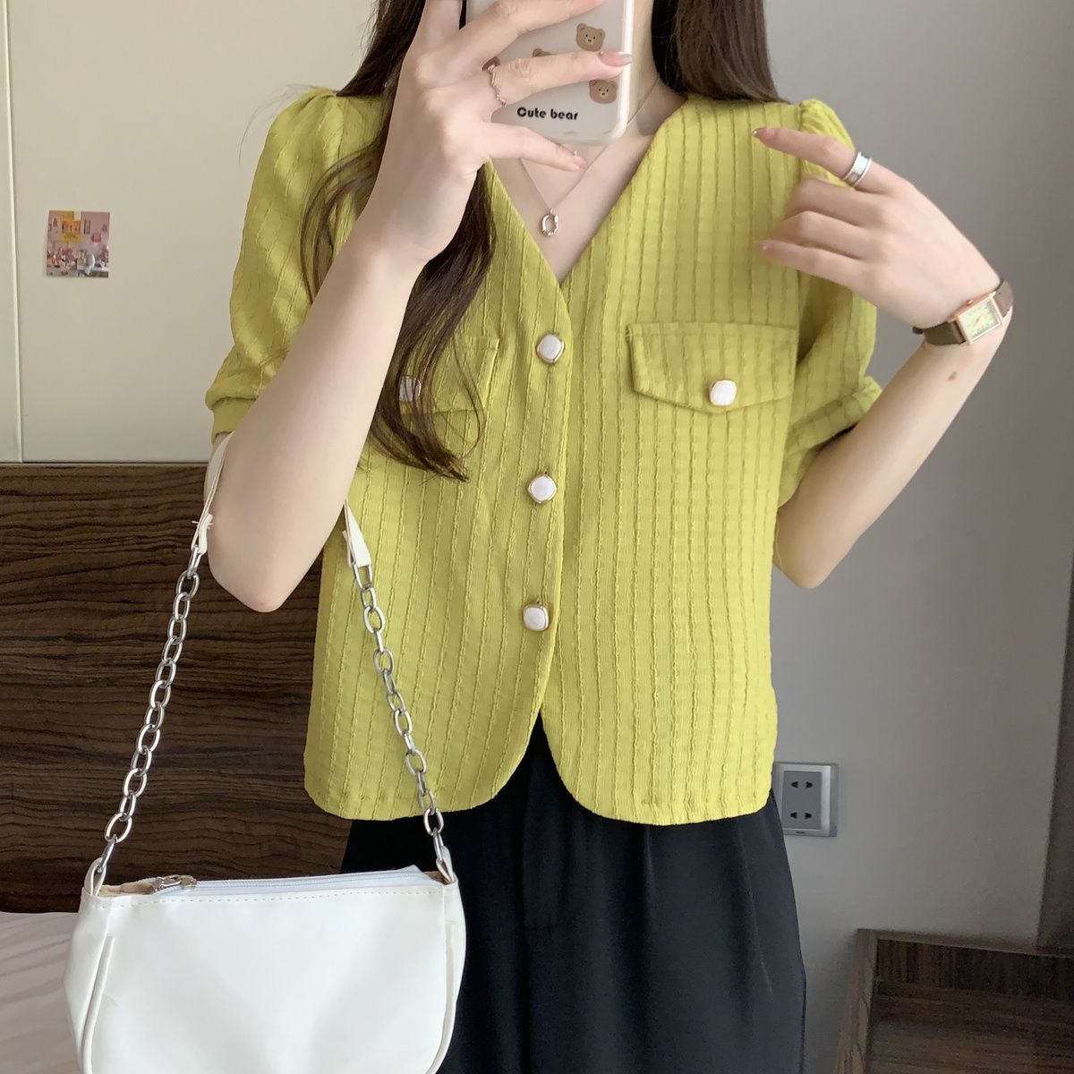 大碼法式氣質短袖襯衫女設計感小眾夏季胖MM遮肉顯瘦短款純色上衣
