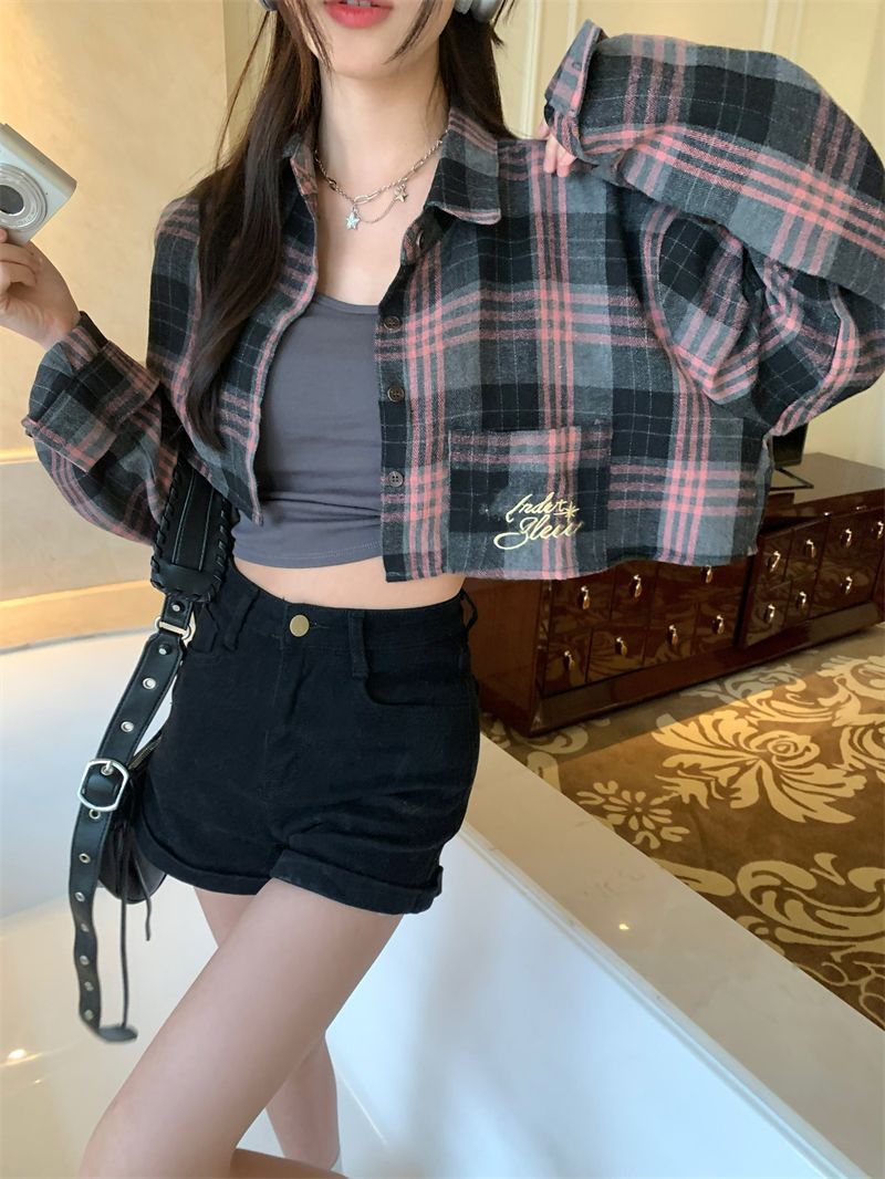 Plaid POLO collar long-sleeved shirt short jacket sweet cool suit female summer hot girl camisole two-piece set