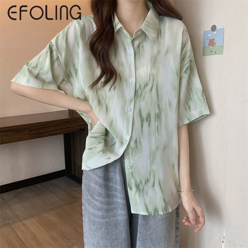 EFOLONG復古港風花襯衫扎染上衣女夏季減齡清新短袖襯衣小眾別致
