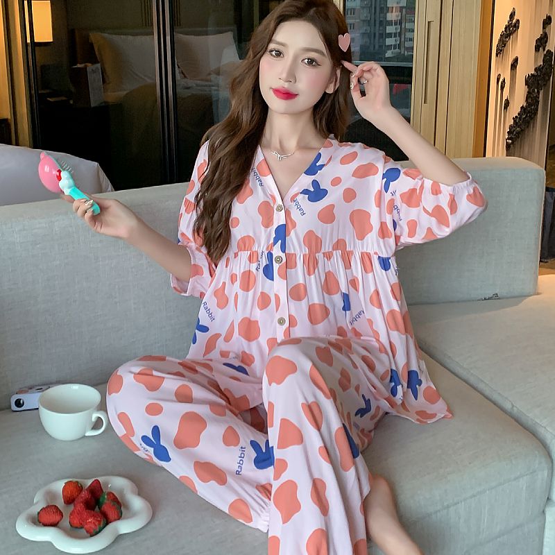 Cotton silk pajamas women's three-quarter sleeve trousers suit spring and summer thin section loose lantern sleeve cardigan home service two-piece set