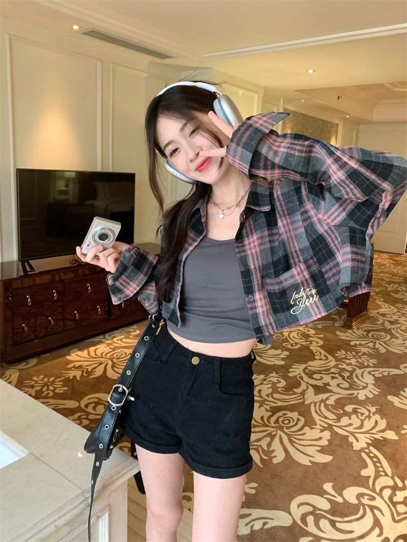 Plaid POLO collar long-sleeved shirt short jacket sweet cool suit female summer hot girl camisole two-piece set