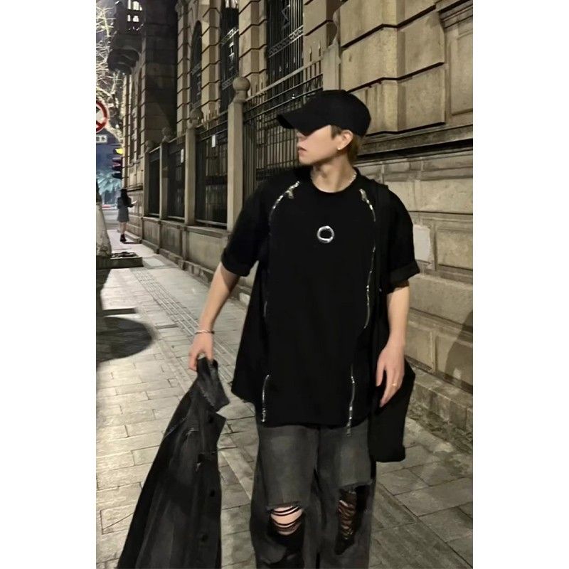 Korean version of the t-shirt male European and American trendy brand high street zipper design short-sleeved American retro loose and versatile five-point sleeve ins