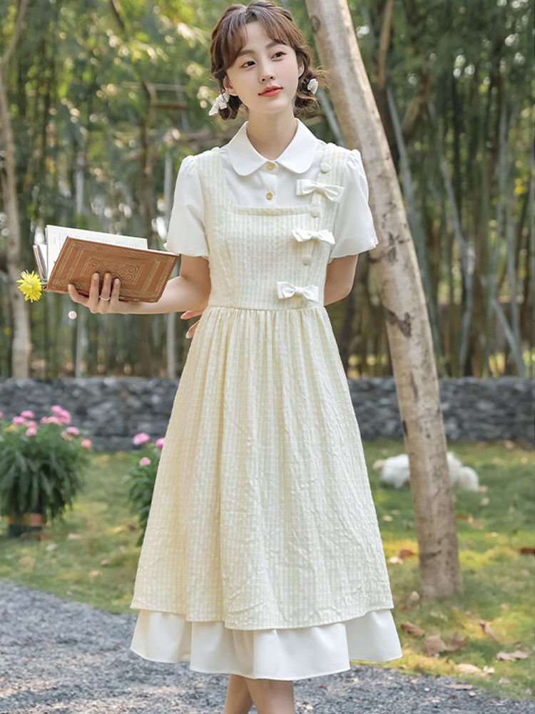 New Chinese style improved gentle retro national style dress summer new temperament fake two mid-length skirts