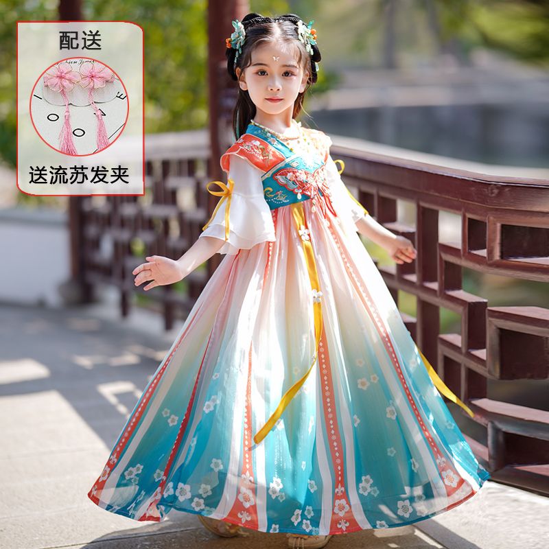 女童古裝襦裙2023新款夏季兒童中國風漢服連衣裙女孩夏裝古風裙子