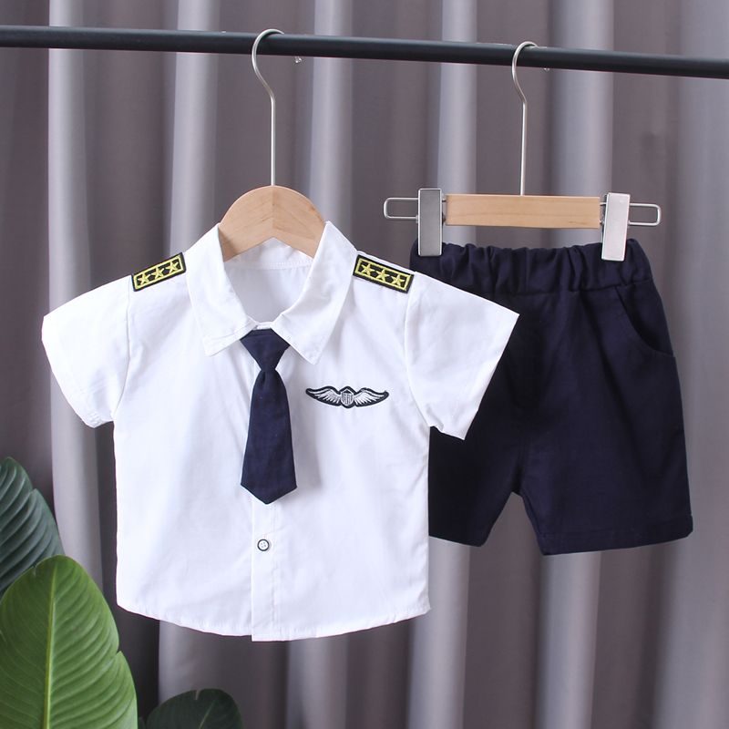 童装男童夏季套装中小儿童夏装短袖衬衫两件套洋气宝宝海军制服潮