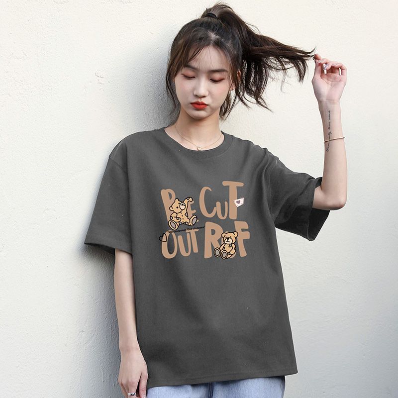 Gray cotton T-shirt female students all-match new lazy short-sleeved cartoon printing ins loose slim half-sleeved top
