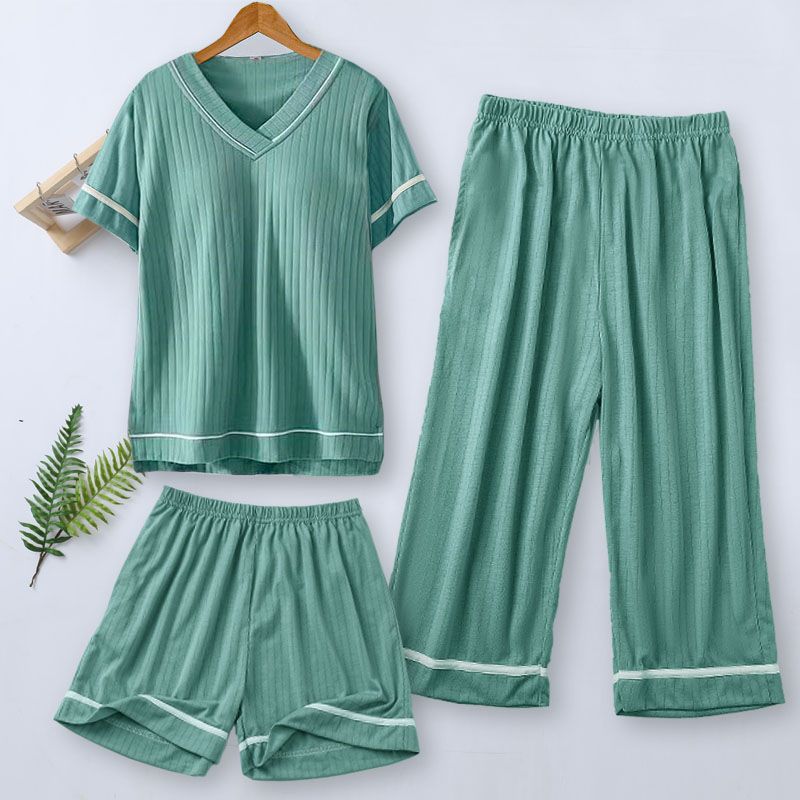 Pajamas with chest pads and cups women's summer short-sleeved V-neck three-piece suit 2023 new loose and wearable home clothes