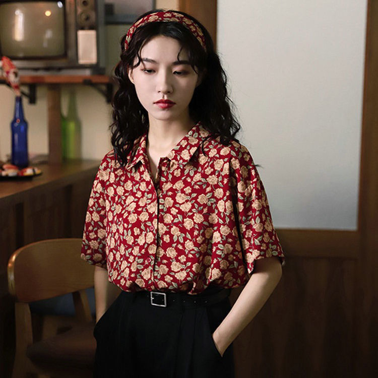 碎花雪紡衫女復古港風夏季新款玫瑰復古港味印花短袖襯衫寬鬆上衣