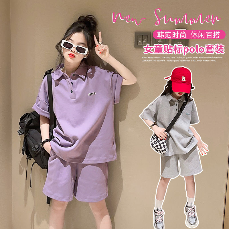 女童套裝2023夏季新款中大童學院風Polo領短袖T恤寬鬆短褲兩件套