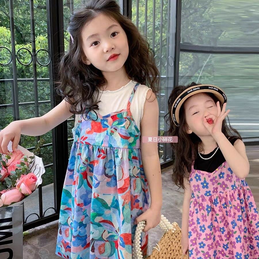 女童連衣裙夏季新款長款洋氣碎花連衣裙兒童寶寶洋氣女童假兩件裙
