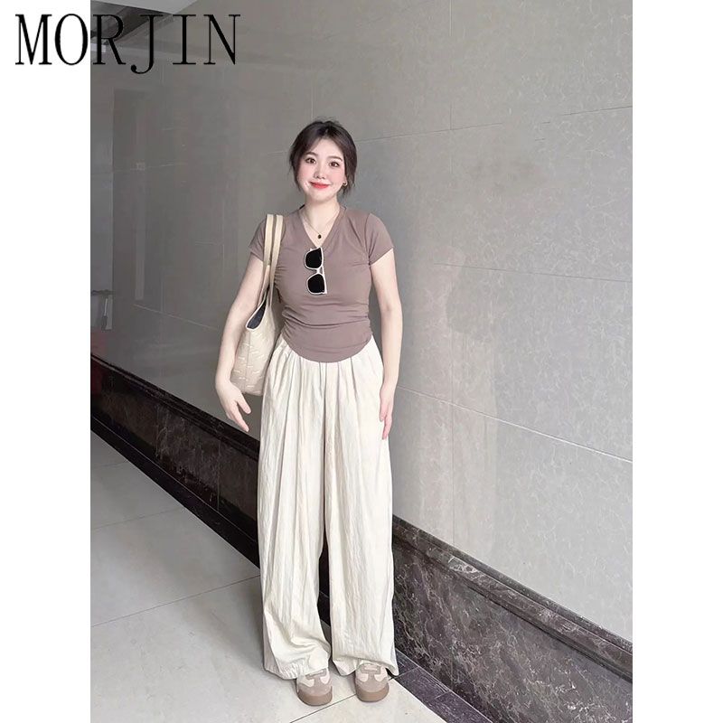MORJIN Korean retro pleated casual wide-leg pants women's summer high waist design lazy loose drape mopping pants
