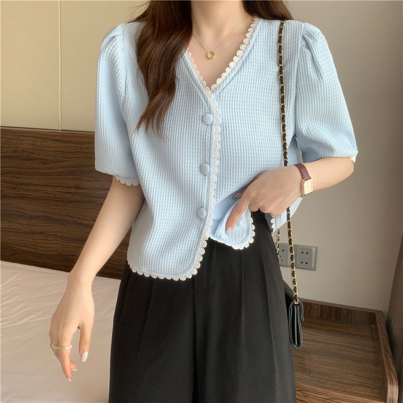 French design slimming tops plus size women's summer slightly chubby mm belly-covering V-neck right-shoulder short shirt