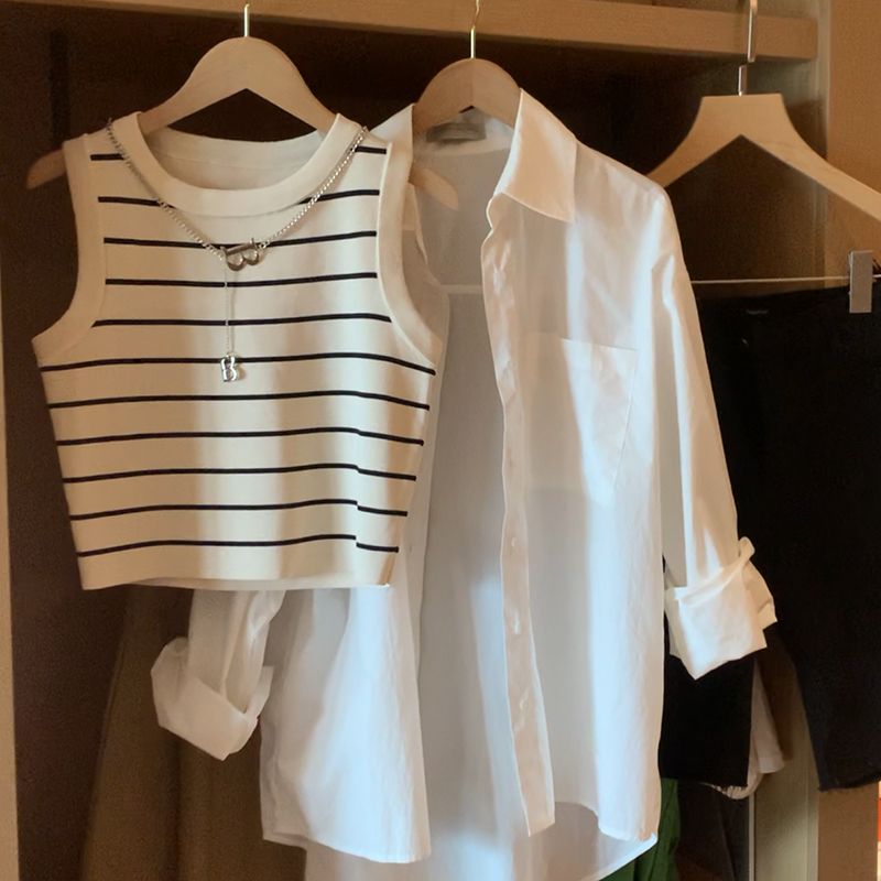 Striped vest suspender women's 2023 inner bottoming shirt summer versatile hot girl short knitted short-sleeved T-shirt trendy