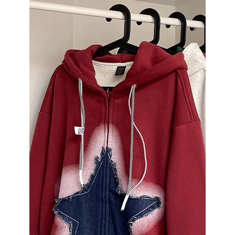 American retro star print hooded sweater for men and women ins tide brand high street loose niche couple cardigan jacket