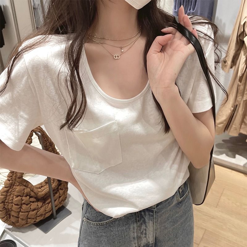 [Basic front shoulder] U-neck white short-sleeved t-shirt with exposed collarbone women's summer loose pocket bottoming shirt top tide