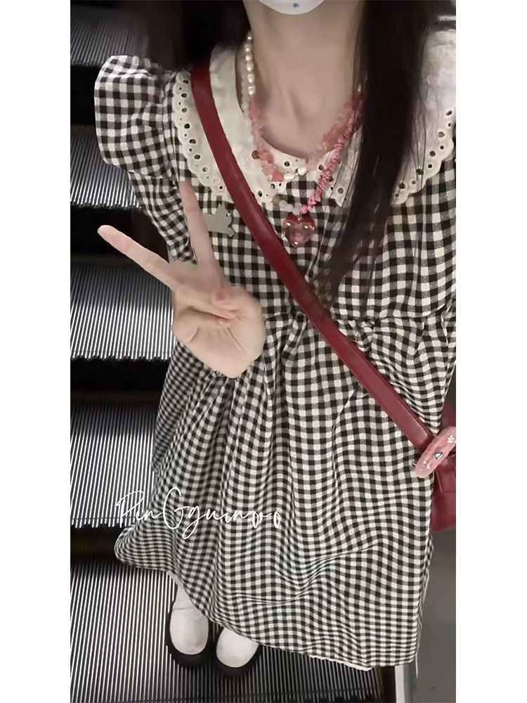 日系可愛貓咪裝飾復古格子娃娃領連衣裙女學生夏日遮肉顯瘦初戀裙