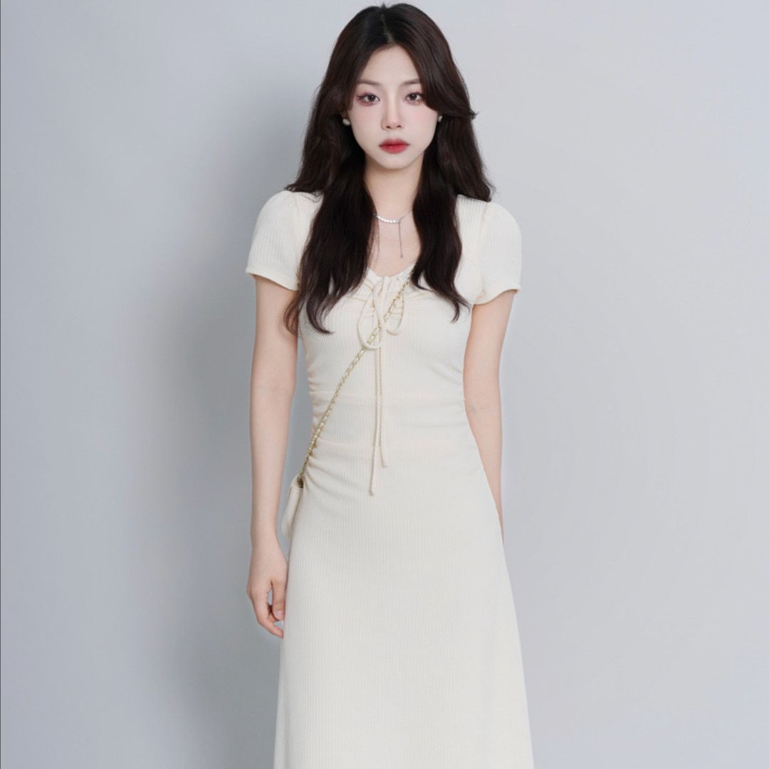 Platycodon french knitted dress women 2023 summer new small waist slimming simple temperament long skirt