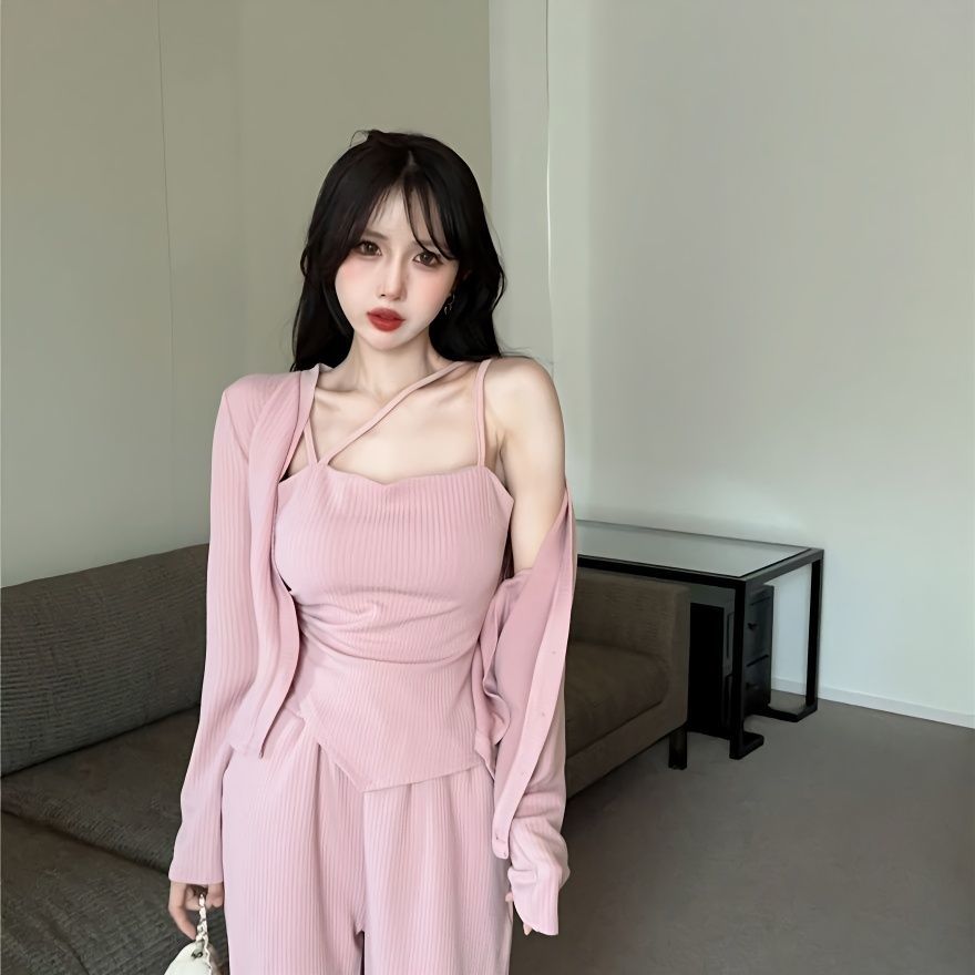 Pure lust-style high-waisted wide-leg pants suit for women spring  new casual irregular suspenders tube top three-piece set