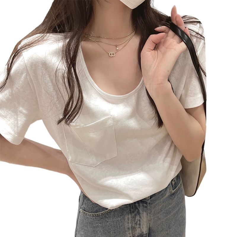 [Basic front shoulder] U-neck white short-sleeved t-shirt with exposed collarbone women's summer loose pocket bottoming shirt top tide