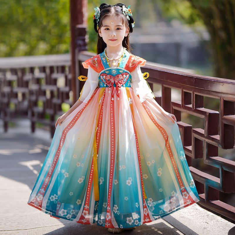 女童漢服夏款2023新款古裝短袖唐裝夏季兒童中國風古風超仙連衣裙